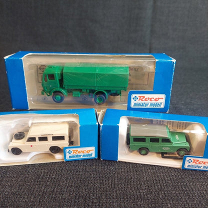 3x Roco Minitanks HO 1:87 Scale Bundle: Mercedes 1383 & Land Rovers 1380, 1585 Boxed