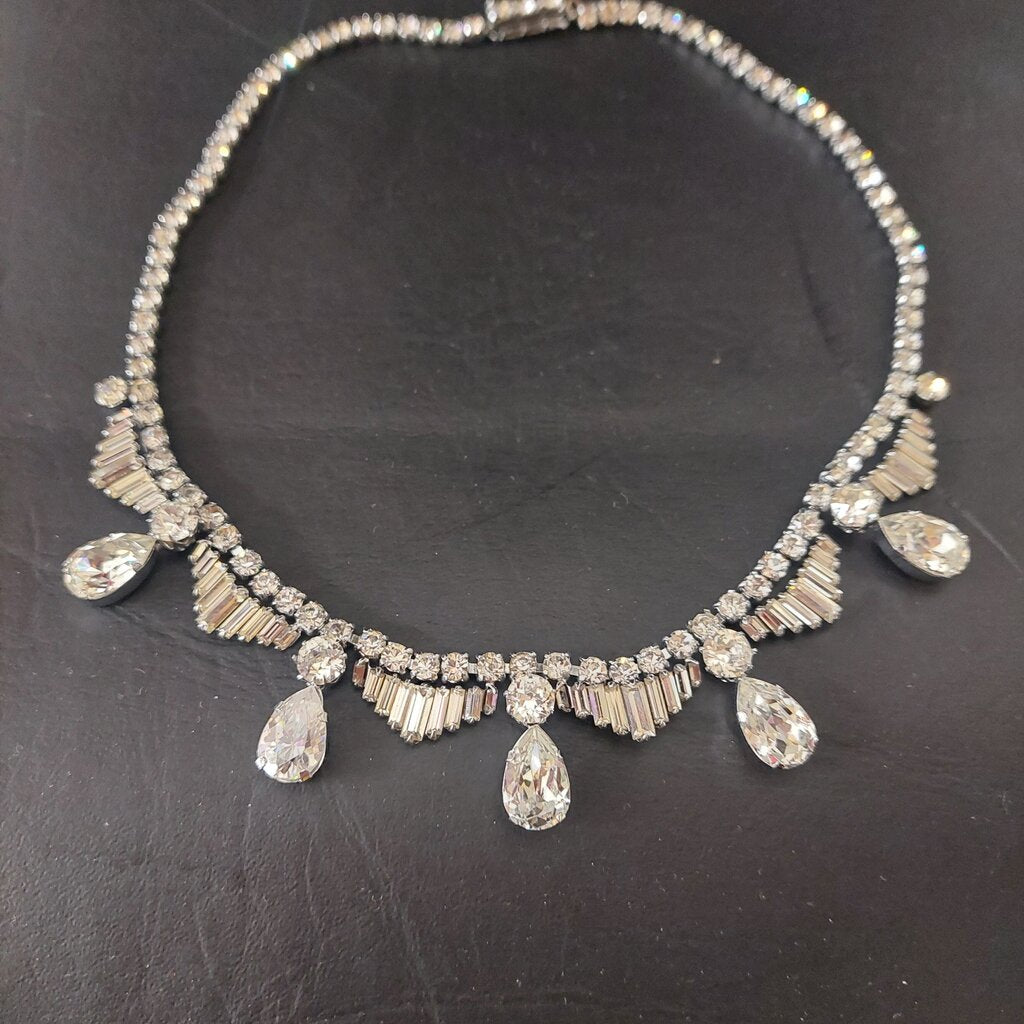 1950s Vintage Rhinestone Necklace Pear Baguette Crystal Fish Hook Clasp 16"