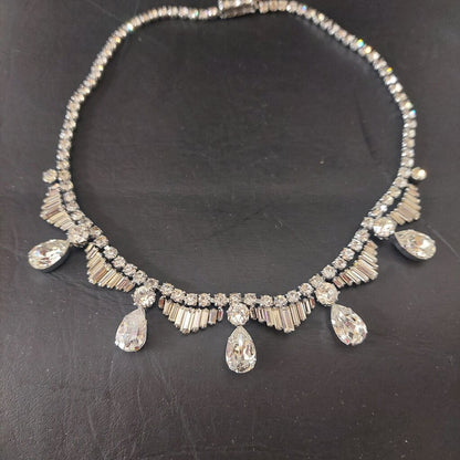 1950s Vintage Rhinestone Necklace Pear Baguette Crystal Fish Hook Clasp 16"