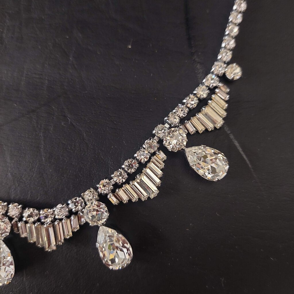 1950s Vintage Rhinestone Necklace Pear Baguette Crystal Fish Hook Clasp 16"