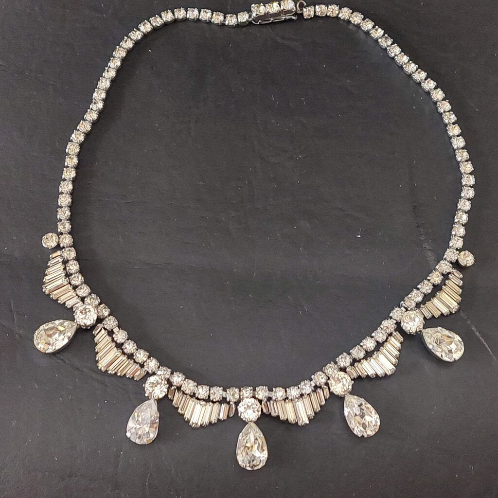 1950s Vintage Rhinestone Necklace Pear Baguette Crystal Fish Hook Clasp 16"