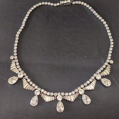1950s Vintage Rhinestone Necklace Pear Baguette Crystal Fish Hook Clasp 16"