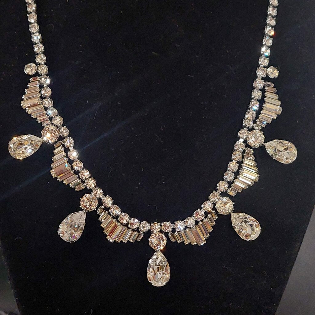 1950s Vintage Rhinestone Necklace Pear Baguette Crystal Fish Hook Clasp 16"