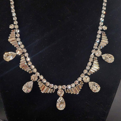 1950s Vintage Rhinestone Necklace Pear Baguette Crystal Fish Hook Clasp 16"
