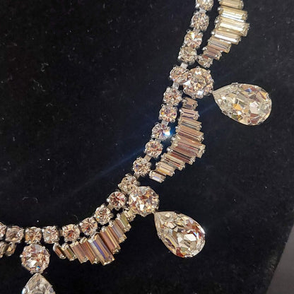 1950s Vintage Rhinestone Necklace Pear Baguette Crystal Fish Hook Clasp 16"