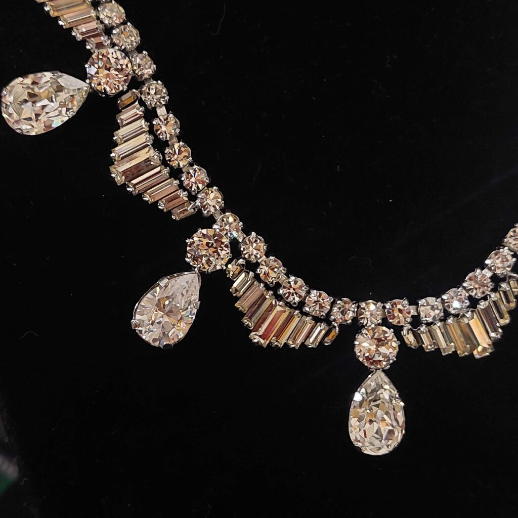 1950s Vintage Rhinestone Necklace Pear Baguette Crystal Fish Hook Clasp 16"