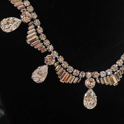 1950s Vintage Rhinestone Necklace Pear Baguette Crystal Fish Hook Clasp 16"