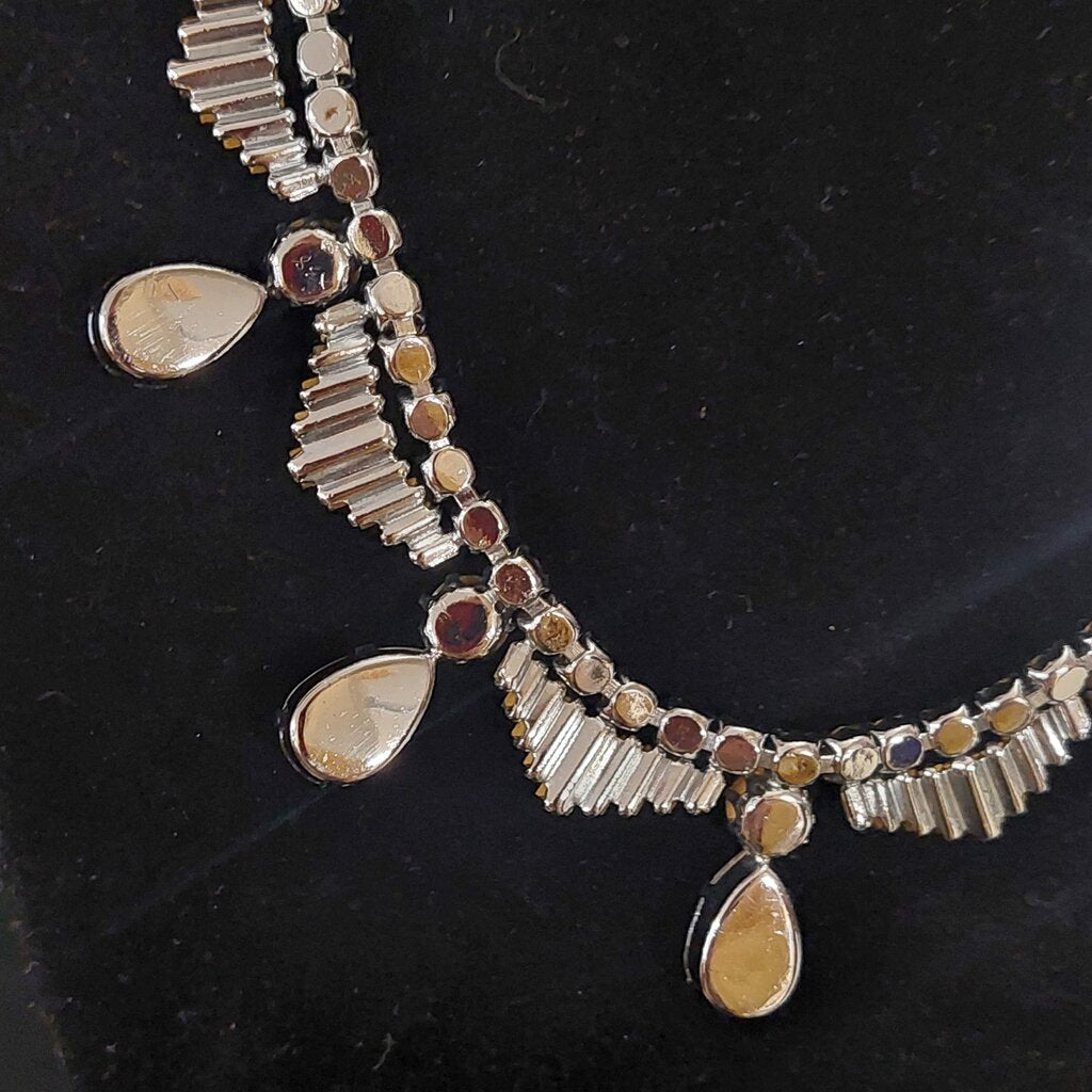 1950s Vintage Rhinestone Necklace Pear Baguette Crystal Fish Hook Clasp 16"