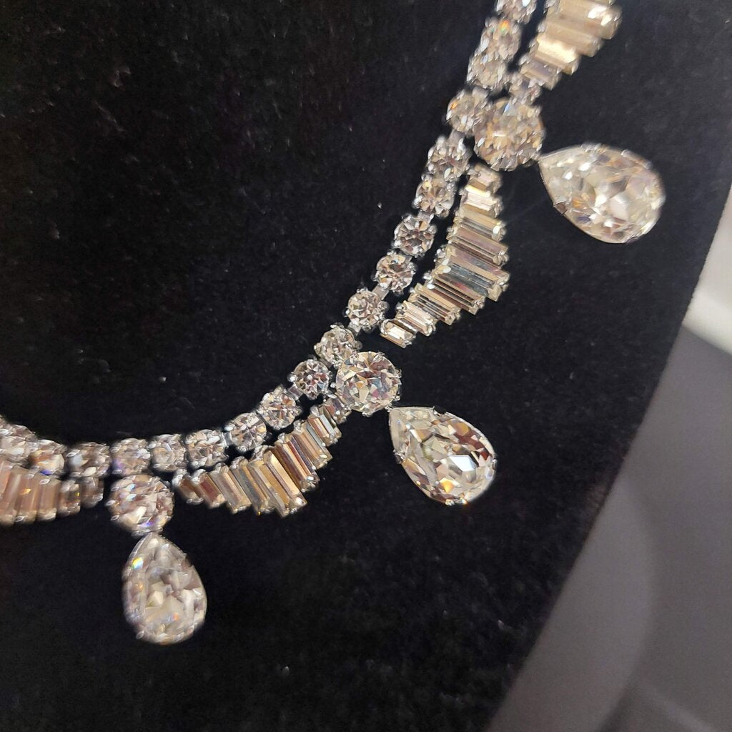 1950s Vintage Rhinestone Necklace Pear Baguette Crystal Fish Hook Clasp 16"