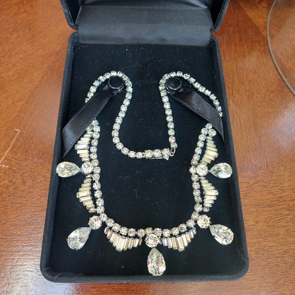 1950s Vintage Rhinestone Necklace Pear Baguette Crystal Fish Hook Clasp 16"