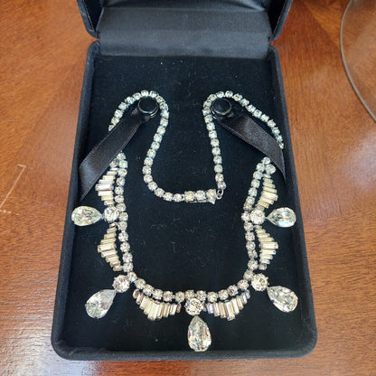 1950s Vintage Rhinestone Necklace Pear Baguette Crystal Fish Hook Clasp 16"
