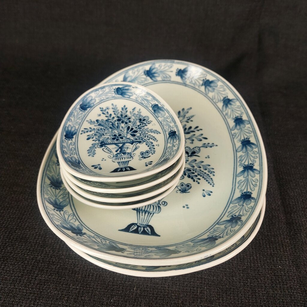Vintage Delft Blue Petrus Regout Maastricht Oval Dish Set of 6 | Hand-Signed Delfts Holland | Floral Urn Pattern | 1950s-70s