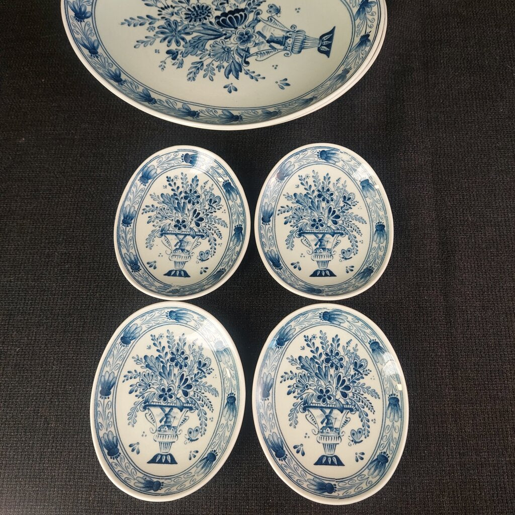 Vintage Delft Blue Petrus Regout Maastricht Oval Dish Set of 6 | Hand-Signed Delfts Holland | Floral Urn Pattern | 1950s-70s