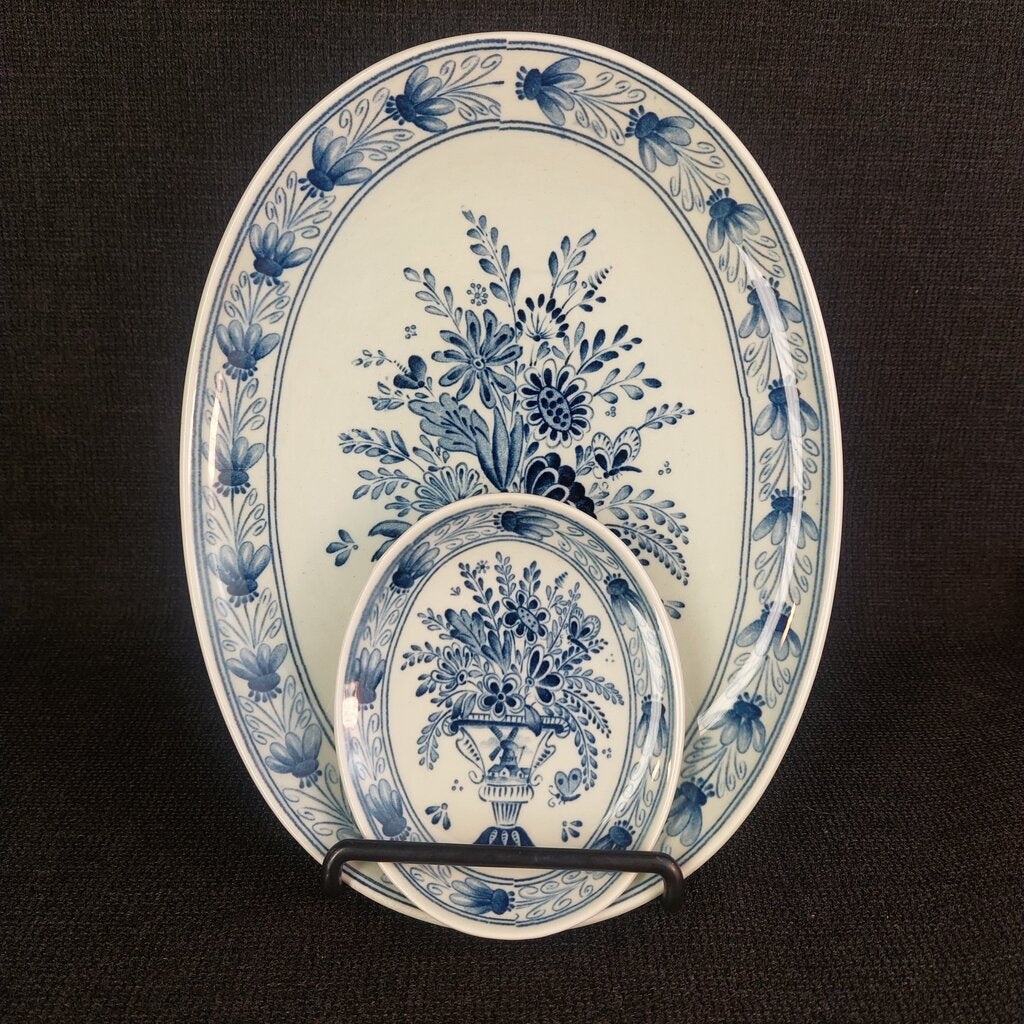 Vintage Delft Blue Petrus Regout Maastricht Oval Dish Set of 6 | Hand-Signed Delfts Holland | Floral Urn Pattern | 1950s-70s
