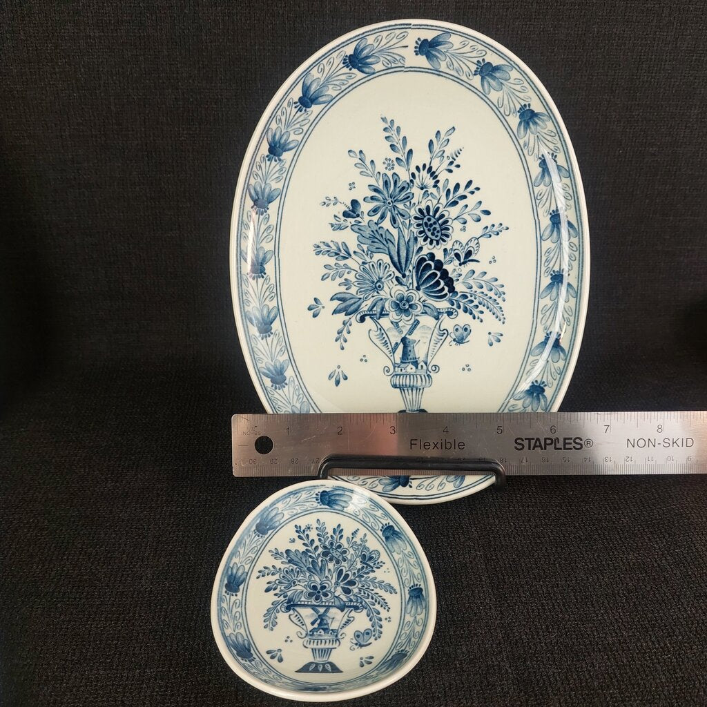 Vintage Delft Blue Petrus Regout Maastricht Oval Dish Set of 6 | Hand-Signed Delfts Holland | Floral Urn Pattern | 1950s-70s