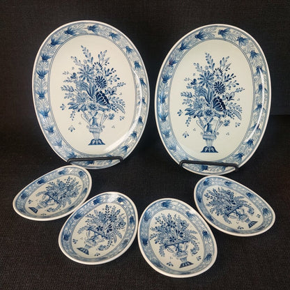 Vintage Delft Blue Petrus Regout Maastricht Oval Dish Set of 6 | Hand-Signed Delfts Holland | Floral Urn Pattern | 1950s-70s