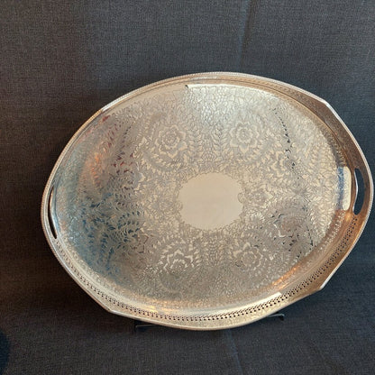 Large English Silverplate Gallery Serving Tray — Reticulated Rail, Button Feet, Oval, 19⅝"