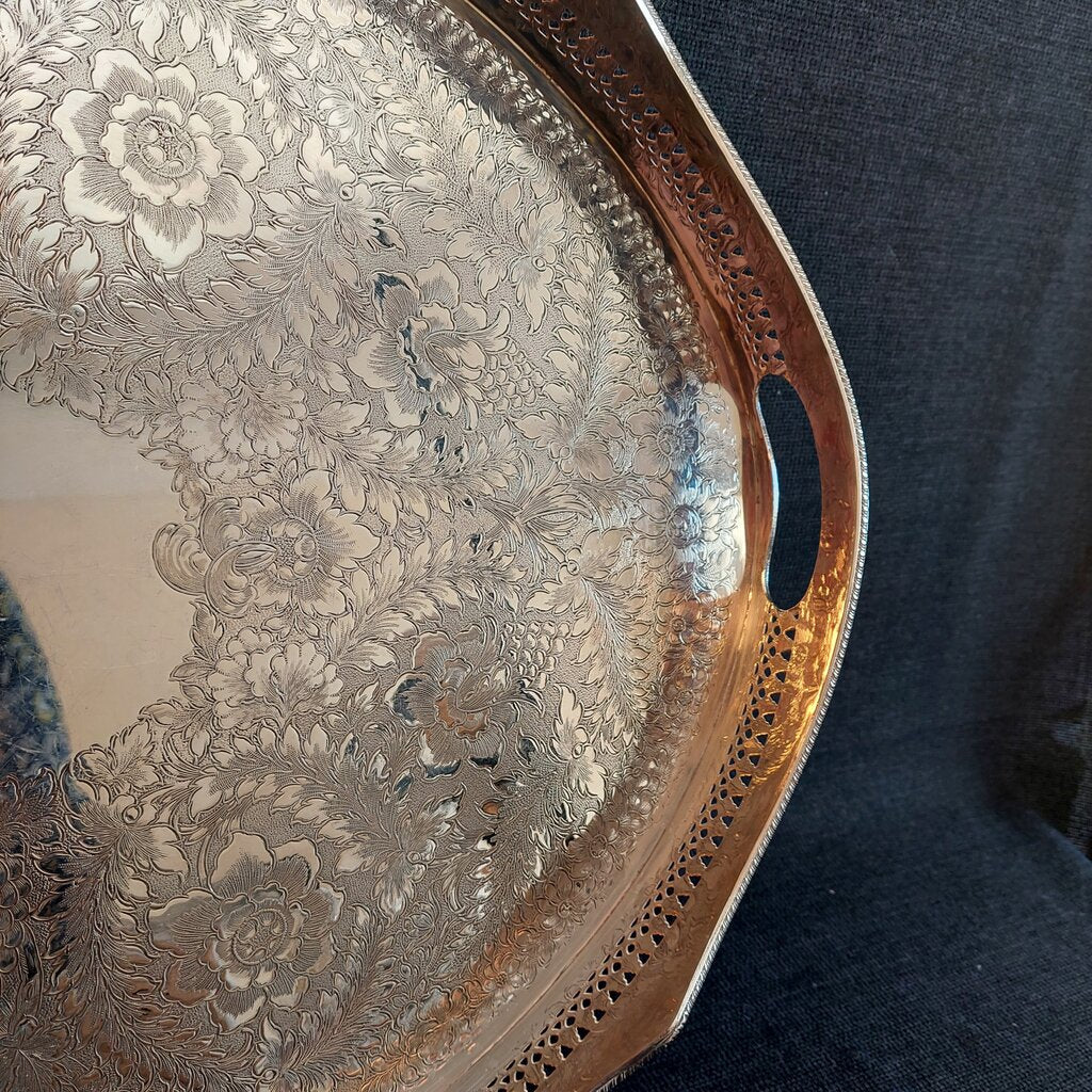 Large English Silverplate Gallery Serving Tray — Reticulated Rail, Button Feet, Oval, 19⅝"