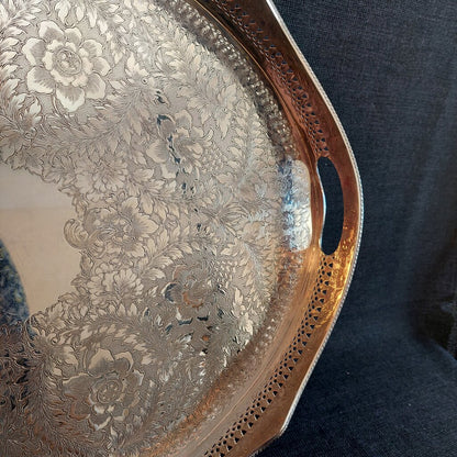 Large English Silverplate Gallery Serving Tray — Reticulated Rail, Button Feet, Oval, 19⅝"