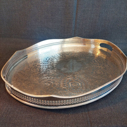Large English Silverplate Gallery Serving Tray — Reticulated Rail, Button Feet, Oval, 19⅝"