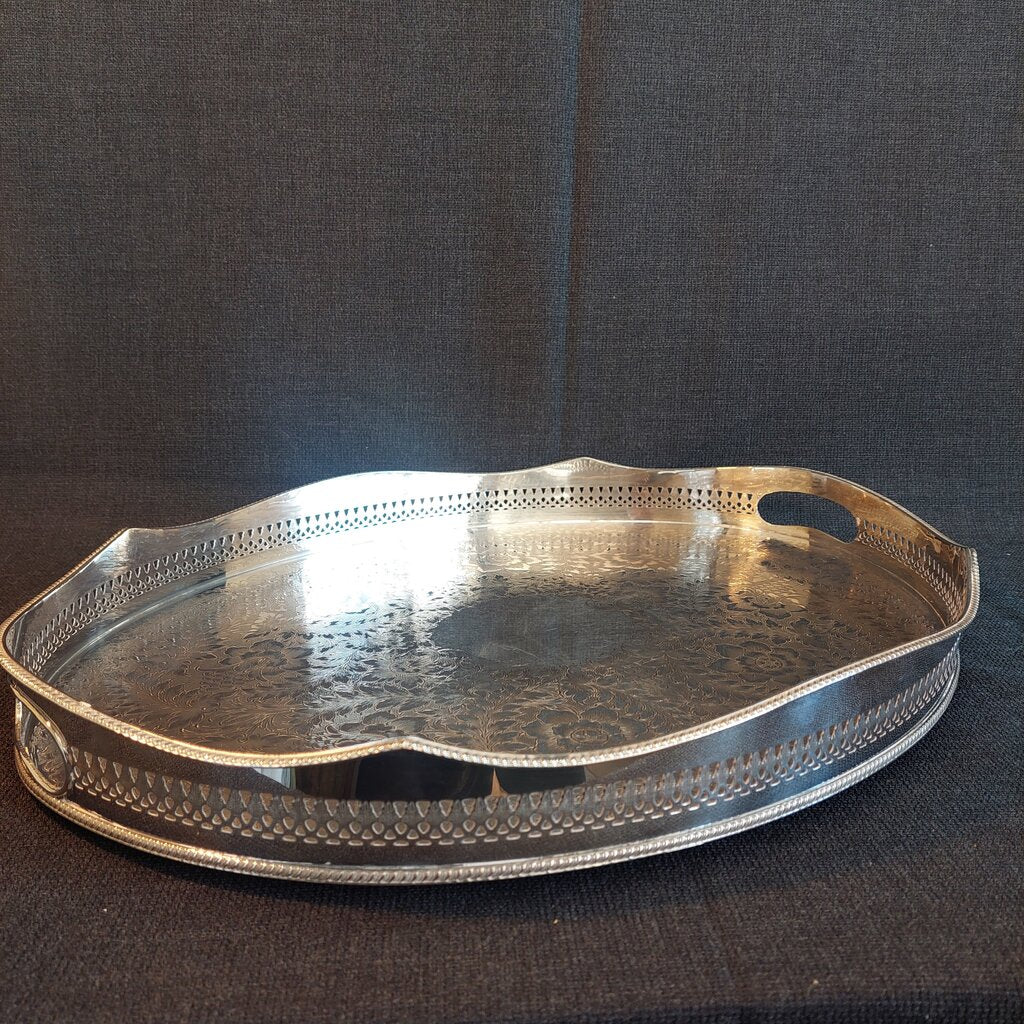 Large English Silverplate Gallery Serving Tray — Reticulated Rail, Button Feet, Oval, 19⅝"