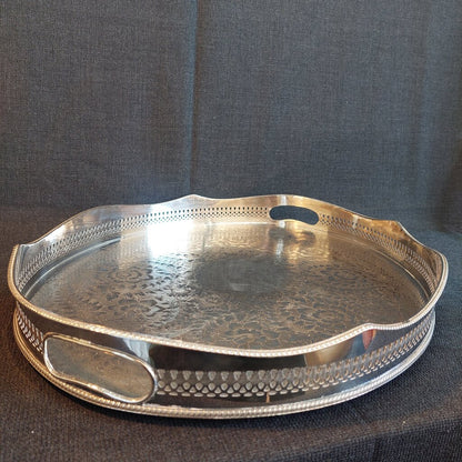 Large English Silverplate Gallery Serving Tray — Reticulated Rail, Button Feet, Oval, 19⅝"