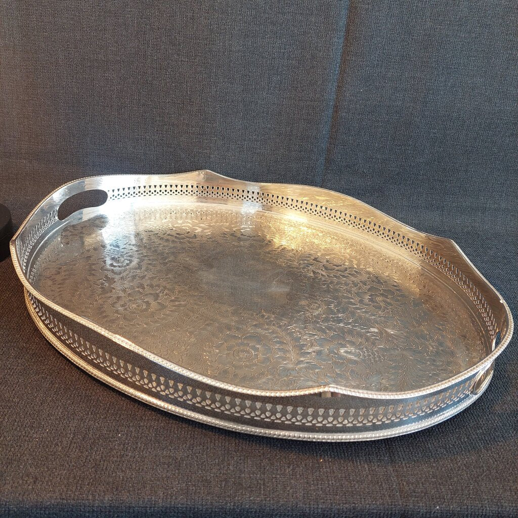 Large English Silverplate Gallery Serving Tray — Reticulated Rail, Button Feet, Oval, 19⅝"