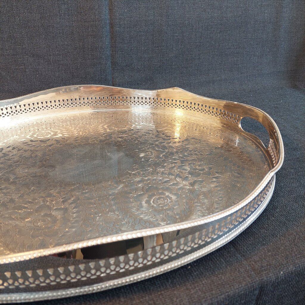 Large English Silverplate Gallery Serving Tray — Reticulated Rail, Button Feet, Oval, 19⅝"