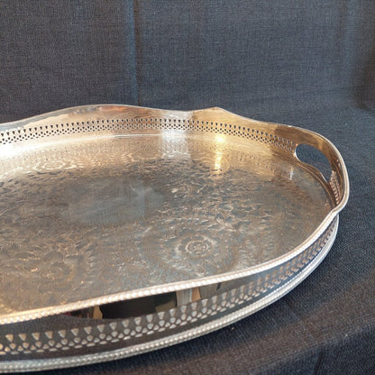 Large English Silverplate Gallery Serving Tray — Reticulated Rail, Button Feet, Oval, 19⅝"