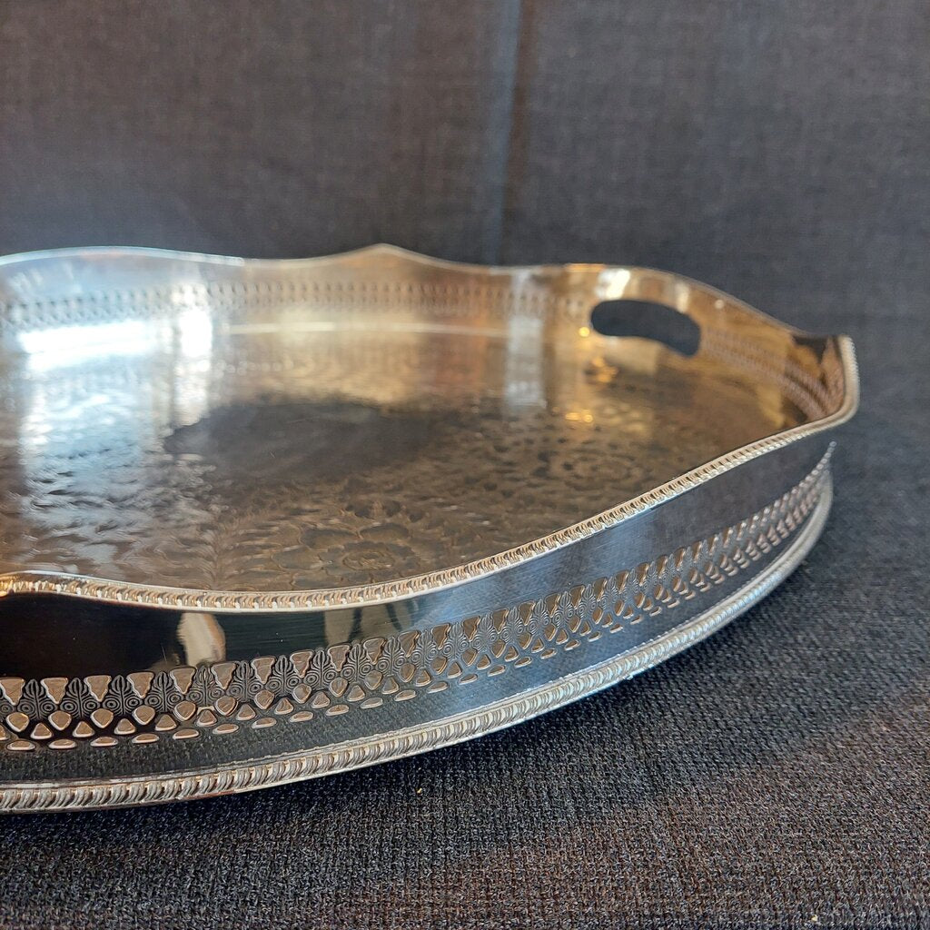 Large English Silverplate Gallery Serving Tray — Reticulated Rail, Button Feet, Oval, 19⅝"