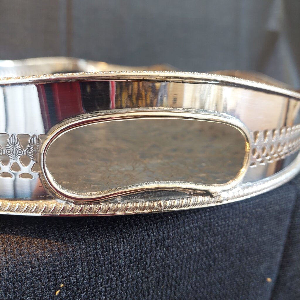 Large English Silverplate Gallery Serving Tray — Reticulated Rail, Button Feet, Oval, 19⅝"