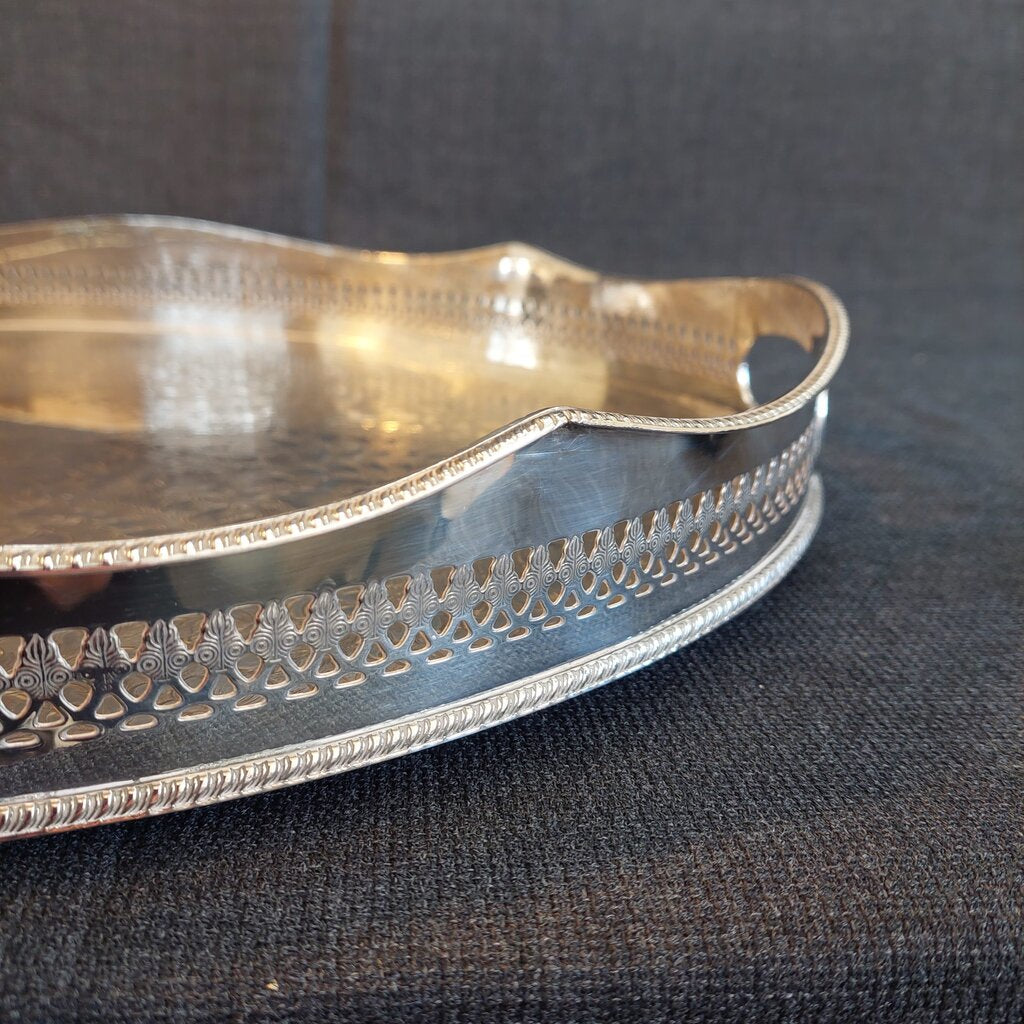 Large English Silverplate Gallery Serving Tray — Reticulated Rail, Button Feet, Oval, 19⅝"