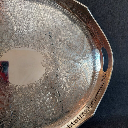 Large English Silverplate Gallery Serving Tray — Reticulated Rail, Button Feet, Oval, 19⅝"