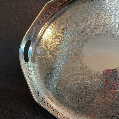 Large English Silverplate Gallery Serving Tray — Reticulated Rail, Button Feet, Oval, 19⅝"