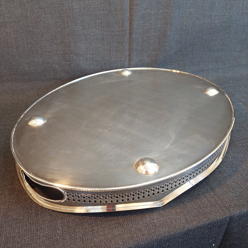 Large English Silverplate Gallery Serving Tray — Reticulated Rail, Button Feet, Oval, 19⅝"