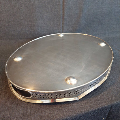 Large English Silverplate Gallery Serving Tray — Reticulated Rail, Button Feet, Oval, 19⅝"