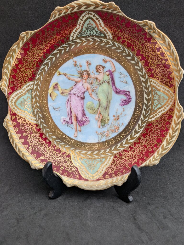 Antique German Royal Vienna Style “Spring” Cabinet Plate, Signed C. Larsen, Blue Beehive Mark Bavaria, Hand Painted Porcelain, Red & Gold
