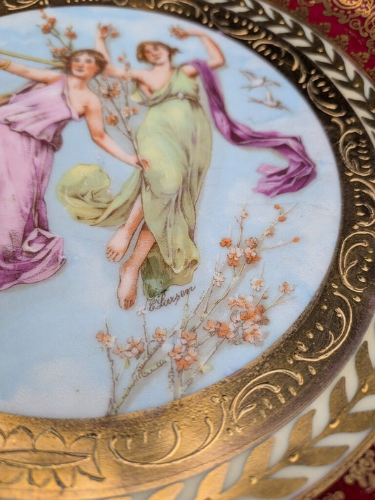Antique German Royal Vienna Style “Spring” Cabinet Plate, Signed C. Larsen, Blue Beehive Mark Bavaria, Hand Painted Porcelain, Red & Gold