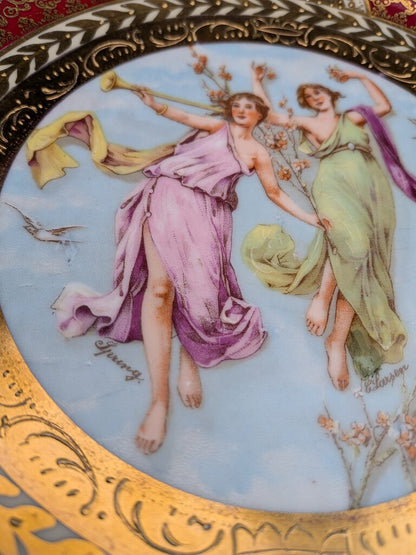 Antique German Royal Vienna Style “Spring” Cabinet Plate, Signed C. Larsen, Blue Beehive Mark Bavaria, Hand Painted Porcelain, Red & Gold