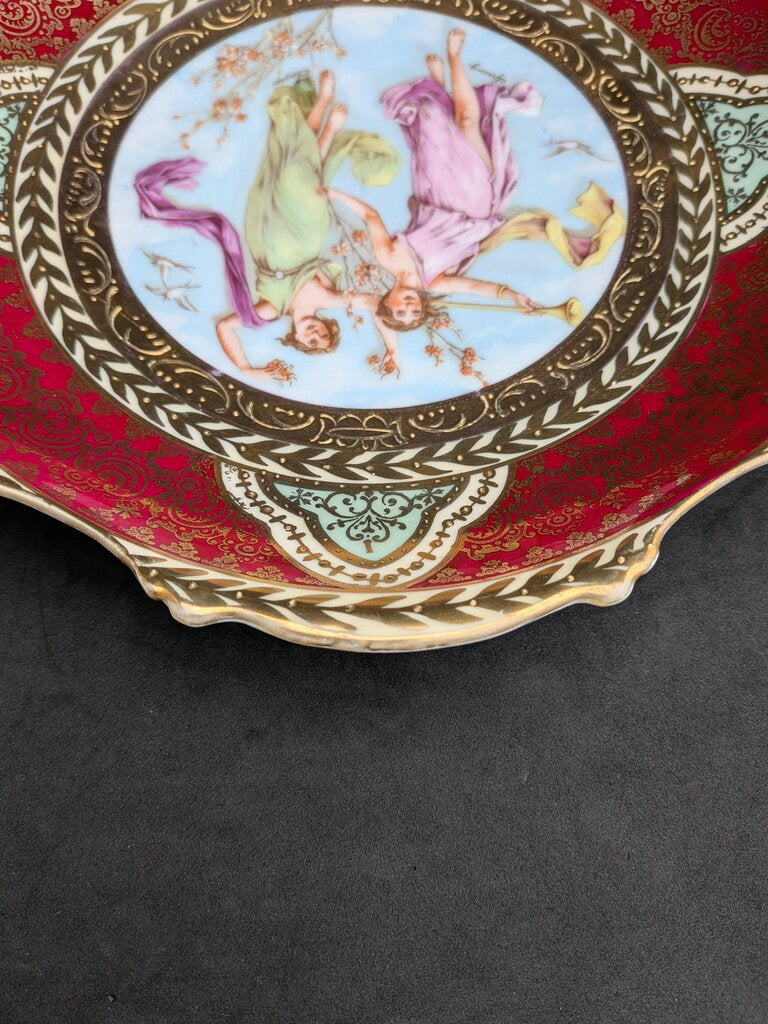 Antique German Royal Vienna Style “Spring” Cabinet Plate, Signed C. Larsen, Blue Beehive Mark Bavaria, Hand Painted Porcelain, Red & Gold