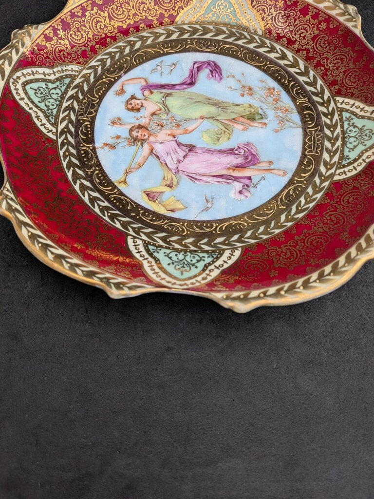 Antique German Royal Vienna Style “Spring” Cabinet Plate, Signed C. Larsen, Blue Beehive Mark Bavaria, Hand Painted Porcelain, Red & Gold