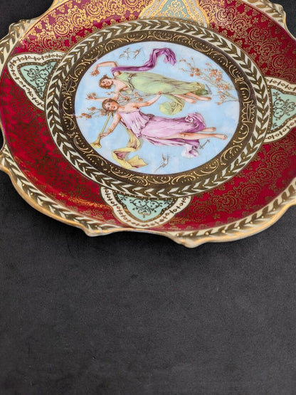 Antique German Royal Vienna Style “Spring” Cabinet Plate, Signed C. Larsen, Blue Beehive Mark Bavaria, Hand Painted Porcelain, Red & Gold