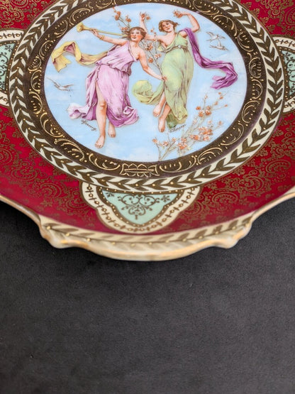 Antique German Royal Vienna Style “Spring” Cabinet Plate, Signed C. Larsen, Blue Beehive Mark Bavaria, Hand Painted Porcelain, Red & Gold