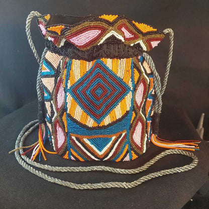 ASPIGA Glass Bead LIZZIE Drawstring Bag in Hand Beaded Geo Design