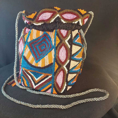 ASPIGA Glass Bead LIZZIE Drawstring Bag in Hand Beaded Geo Design