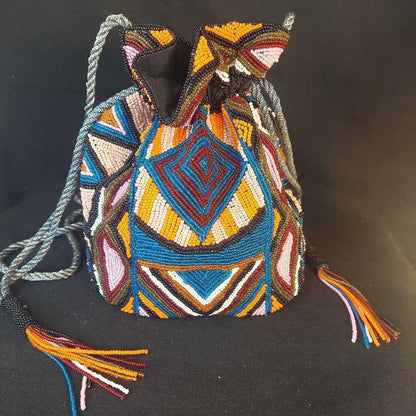 ASPIGA Glass Bead LIZZIE Drawstring Bag in Hand Beaded Geo Design