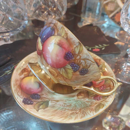 Signed AYNSLEY FRUIT ORCHARD Gold Wide Mouth Tea Cup and Saucer 746