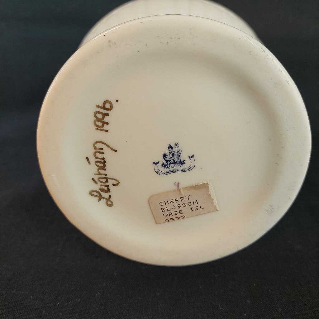 1996 Belleek Pottery Signed Leighann Applied Cherry Blossom Vase - The URBANARY Home and Garden