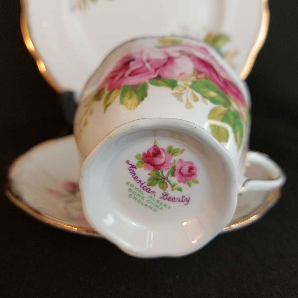 AMERICAN BEAUTY Trio Teacup Saucer Dessert Plate Royal Albert