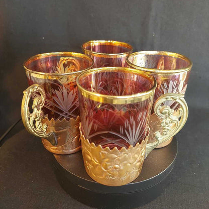 Four 1930s Cut Glass Drinking Glasses w. Hammered Copper Holders